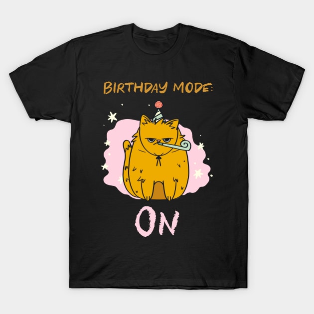 Birthday Mode On Birthday Cat T-Shirt by TV Dinners